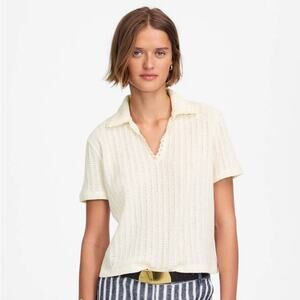 Madewell Crochet-Knit V-Neck Sweater Tee SZ S Vintage Ivory Short Sleeve Stretch